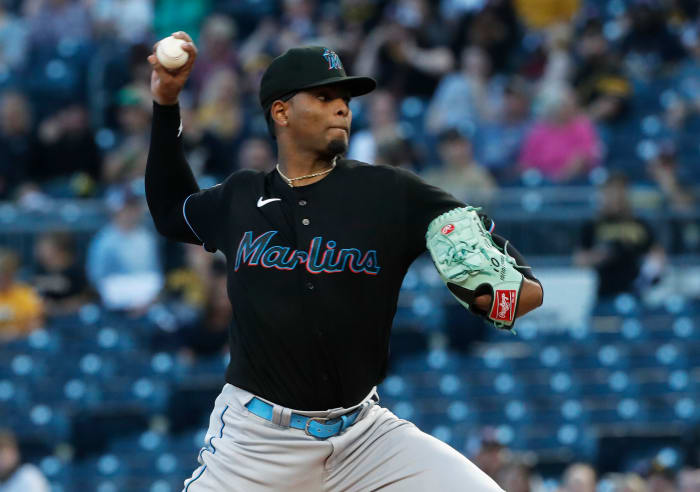 Sep 29, 2023; Pittsburgh, Pennsylvania, USA; Miami Marlins starting pitcher Edward Cabrera (27) delivers a pitch against the Pittsburgh Pirates during the first inning at PNC Park. Mandatory Credit: Charles LeClaire-USA TODAY Sports